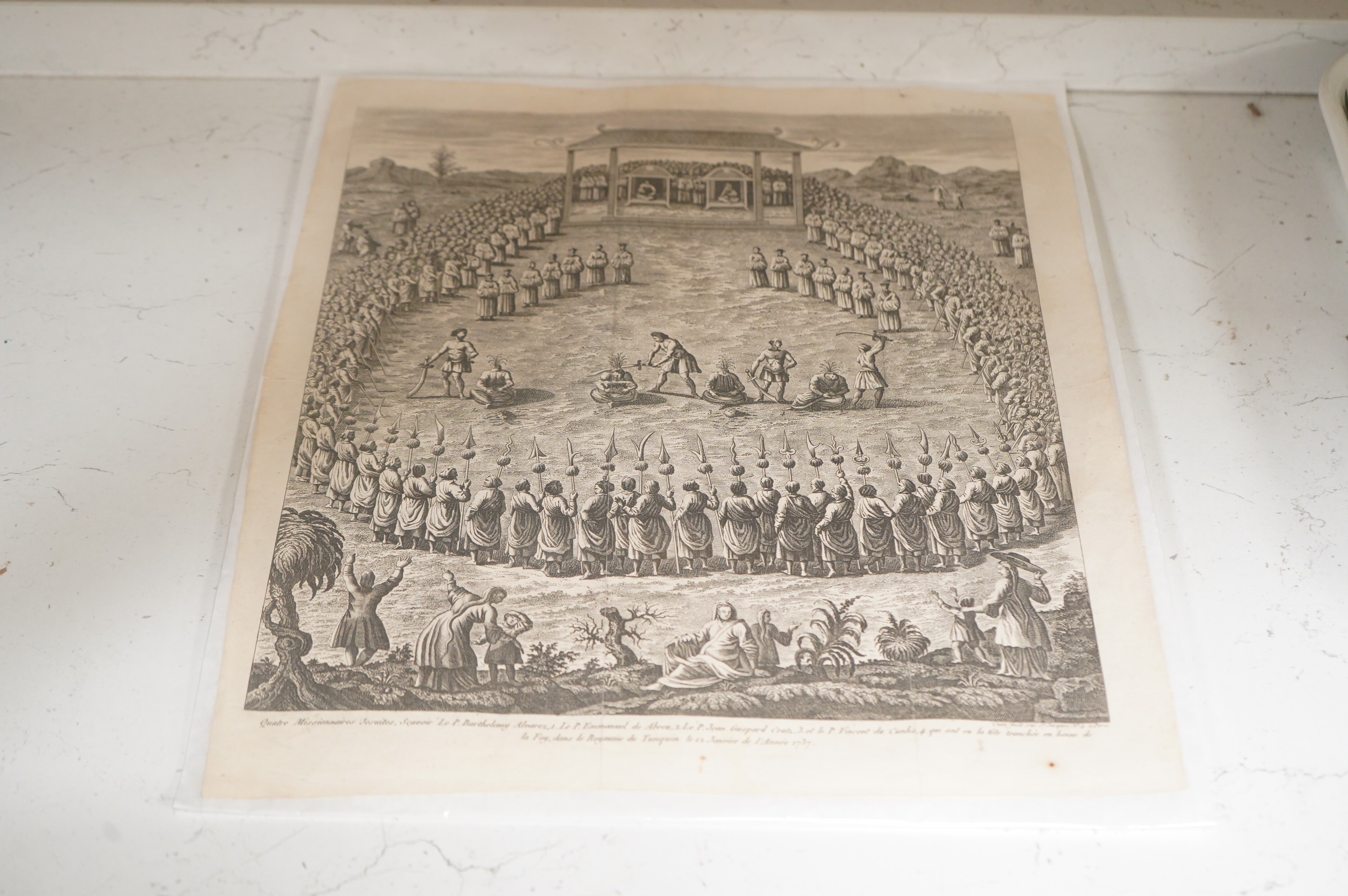 18th century, Italian Old Master, Study of a bearded gentleman, ink sepia study on buff paper, together with four engravings to include Public Execution Scene in Tonkin and an architectural example, unframed